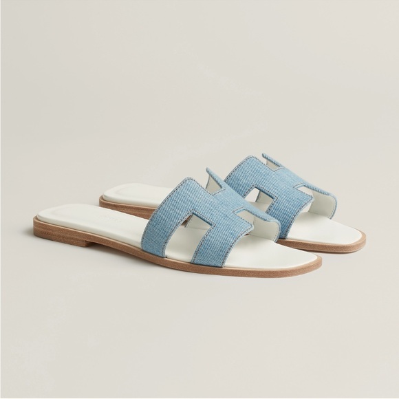 Hermes Shoes - Hermes Sandal Oran Slipper Slide H Denim Light Blue